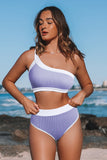 Purple One Shoulder Patchwork High-waisted Bikini Set LC433024-8