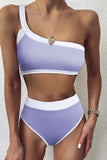 Purple One Shoulder Patchwork High-waisted Bikini Set LC433024-8
