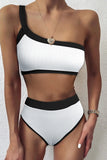 White One Shoulder Patchwork High-waisted Bikini Set LC433024-1