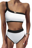 White One Shoulder Patchwork High-waisted Bikini Set LC433024-1