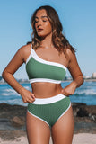 Green One Shoulder Patchwork High-waisted Bikini Set LC433024-9