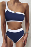 Blue One Shoulder Patchwork High-waisted Bikini Set LC433024-5