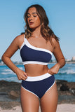 Blue One Shoulder Patchwork High-waisted Bikini Set LC433024-5