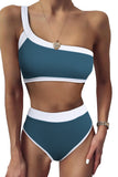 Green One Shoulder Patchwork High-waisted Bikini Set LC433024-109