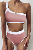 Pink One Shoulder Patchwork High-waisted Bikini Set LC433024-10