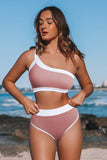 Pink One Shoulder Patchwork High-waisted Bikini Set LC433024-10