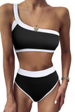 Black One Shoulder Patchwork High-waisted Bikini Set LC433024-2