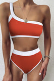 Red One Shoulder Patchwork High-waisted Bikini Set LC433024-3