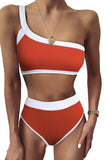 Red One Shoulder Patchwork High-waisted Bikini Set LC433024-3