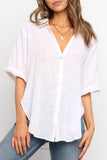 White Half Sleeve Side Slits Button-up V Neck Shirt LC2552357-1