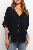 Black Half Sleeve Side Slits Button-up V Neck Shirt LC2552357-2