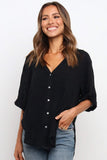 Black Half Sleeve Side Slits Button-up V Neck Shirt LC2552357-2