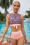 Pink Floral/Leopard Patchwork Tie Knot High Waist Bikini Swimsuit LC433008-10