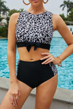 Black Floral/Leopard Patchwork Tie Knot High Waist Bikini Swimsuit LC433008-2