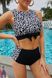 Black Floral/Leopard Patchwork Tie Knot High Waist Bikini Swimsuit LC433008-2