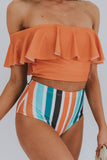 Orange Black/Pink Ruffled Top and Leopard High Waist Bikini Swimwear Orange Ruffled Top and Striped High Waist Bikini Swimwear LC433047-14