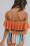 Orange Black/Pink Ruffled Top and Leopard High Waist Bikini Swimwear Orange Ruffled Top and Striped High Waist Bikini Swimwear LC433047-14