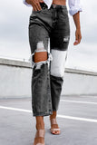 Black Black/Sky Blue Colorblock Patchwork Ripped Hole Crop Straight Jeans LC783880-2