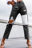 Black Black/Sky Blue Colorblock Patchwork Ripped Hole Crop Straight Jeans LC783880-2