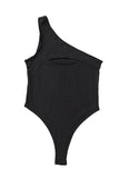 Black Black/Apricot Ribbed Cut-out One Shoulder Bodysuit LC32879-2