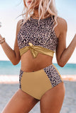 Khaki Floral/Leopard Patchwork Tie Knot High Waist Bikini Swimsuit LC433008-16