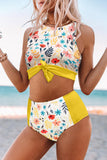 Yellow Floral/Leopard Patchwork Tie Knot High Waist Bikini Swimsuit LC433008-7