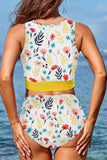 Yellow Floral/Leopard Patchwork Tie Knot High Waist Bikini Swimsuit LC433008-7