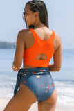Orange Floral Printed High Waist Waist Lace Up Bikini Set LC433055-14