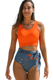 Orange Floral Printed High Waist Waist Lace Up Bikini Set LC433055-14