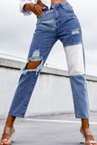 Sky Blue Black/Sky Blue Colorblock Patchwork Ripped Hole Crop Straight Jeans LC783880-4