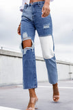 Sky Blue Black/Sky Blue Colorblock Patchwork Ripped Hole Crop Straight Jeans LC783880-4