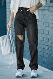 Pantaloni di jeans dritti incrociati effetto consumato a vita alta