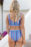 Blue Striped Print U Neck Mid Waist Bikini Swimsuit LC433015-5