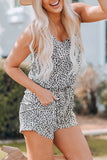LC641622-1-S, LC641622-1-M, LC641622-1-L, LC641622-1-XL, White Leopard Accent Sleeveless Short Two Piece Romper Set