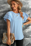 Sky Blue White/Black/Blue/Green Hollow Out Ruffle Sleeve T-shirt LC25213437-4