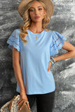 Sky Blue White/Black/Blue/Green Hollow Out Ruffle Sleeve T-shirt LC25213437-4
