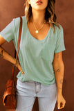 Green Solid Pocket Front Scoop Neck Short Sleeve T-shirt LC25213432-9