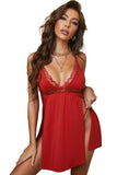 Red Black/Red Lace V Neck Double Slit Babydoll Lingerie Set with Thong LC31668-3