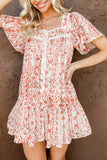 Red Floral Square Neck Buttoned Flutter Sleeve Mini Dress