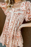 Red Floral Square Neck Buttoned Flutter Sleeve Mini Dress