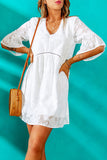 White Jacquard Pom Pom Trim V Neck Mini Dress LC2212009-1