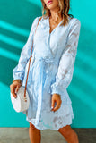 Blue Jacquard Lace-up Warp V Neck Mini Dress
