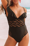 Black Contrast Mesh Ruffled V Neck One-piece Swimsuit LC442977-2