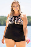 Black Leopard Mesh Cut-out Plus Size Tankini Swimsuit PL41002-2