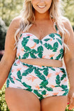 Green Floral Leaves Print Halter Cut-out Plus Size Bikini Swimsuit PL43003-9