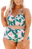 Green Floral Leaves Print Halter Cut-out Plus Size Bikini Swimsuit PL43003-9