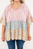 Multicolor Floral Jacquard Color Block Ruffled Plus Size Blouse PL251023-22