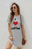 I LOVE COFFEE Heart Print Tassel Trim Striped Mini Dress