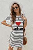 I LOVE COFFEE Heart Print Tassel Trim Striped Mini Dress
