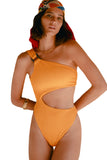 Yellow Asymmetric One Shoulder Cut out Rib Textured One-piece Swimwear LC443025-7